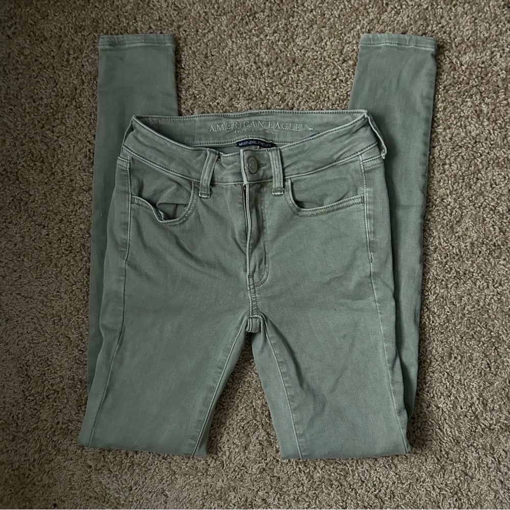 W American Eagle Olive Green Next Level Stretch High Rise Jeggings Size 00 |C27